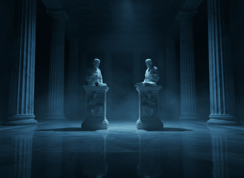 A moody, cinematic scene of an ancient Greek marble hall at night, lit in deep electric blue and cyan light. Two stone pedestals face each other across a dark marble floor, suggesting a debate or duel of ideas. Atmospheric fog, dramatic columns, and a sense of cerebral intensity. Ultra dark background, architectural, philosophical.